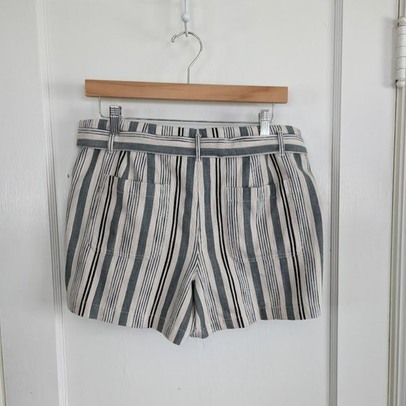 Loft Green Black Cream Striped Cotton Shorts w/ belted tie - Picture 4 of 9